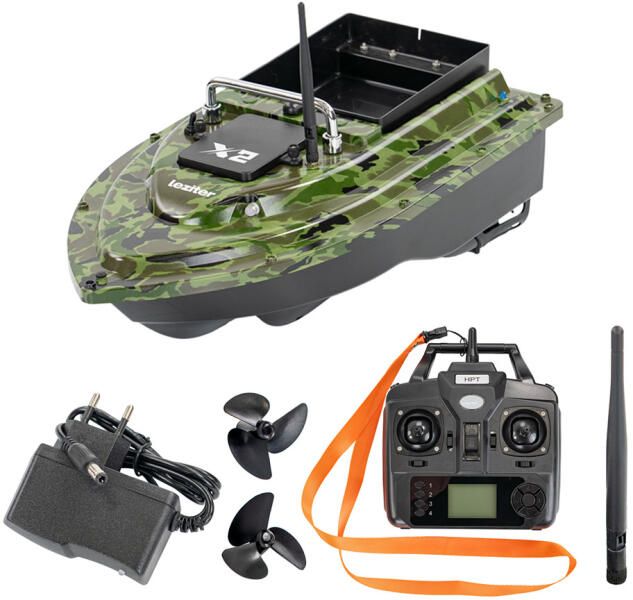 Leziter X2 GPS hátrakidobós terepmintás zöld etetőhajó 